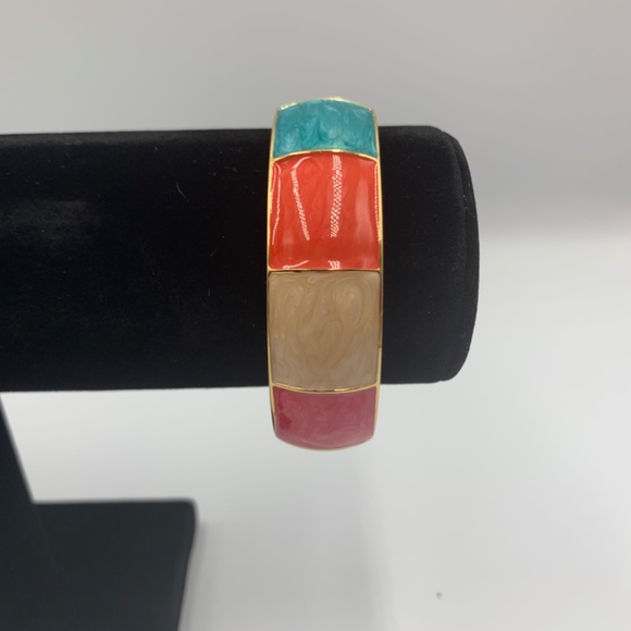 Erica Lyons Enamel Gold Tone Costume Hinged Bangle Bracelet Boho 80’s teal red - Picture 6 of 13